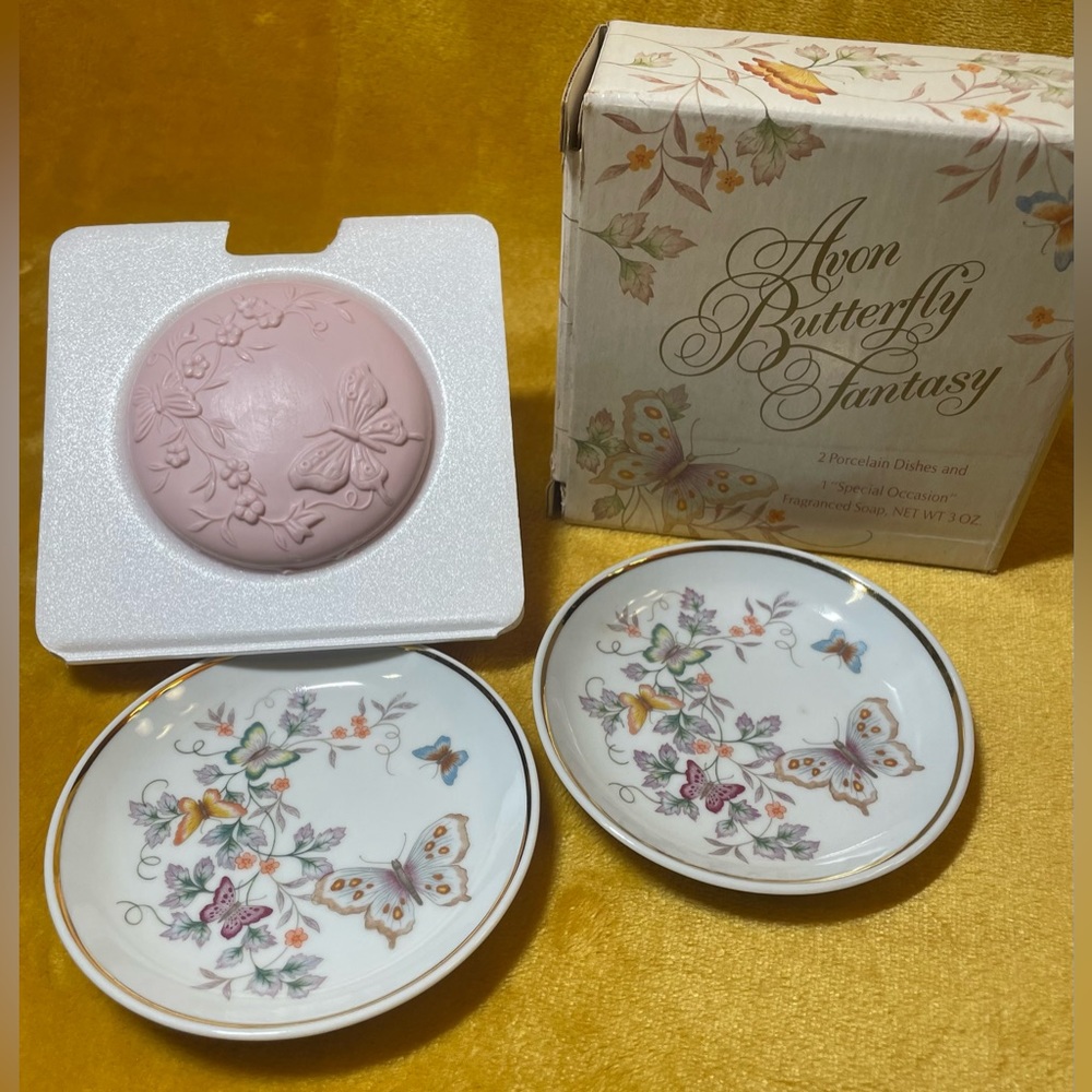 Avon Butterfly Fantasy Porcelain Dishes & Fragrant Soap.